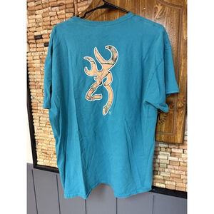 VTG Browning Hunting Company Camo Deer Teal Short Sleeve T- Shirt Mens Sz XL